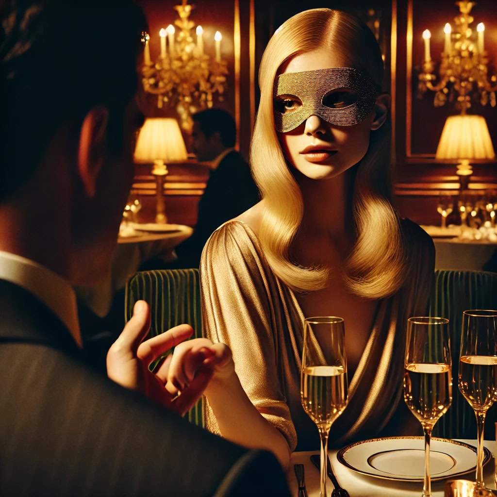 cliente ultrapassando limites durante encontro com acompanhante de luxo mascarada em jantar elegante