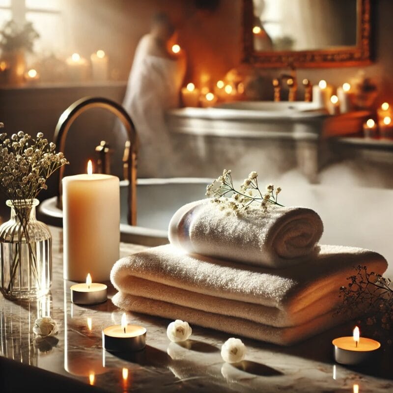 Toalha branca em banheiro luxuoso com vela e flores — atmosfera de autocuidado feminino e higiene íntima