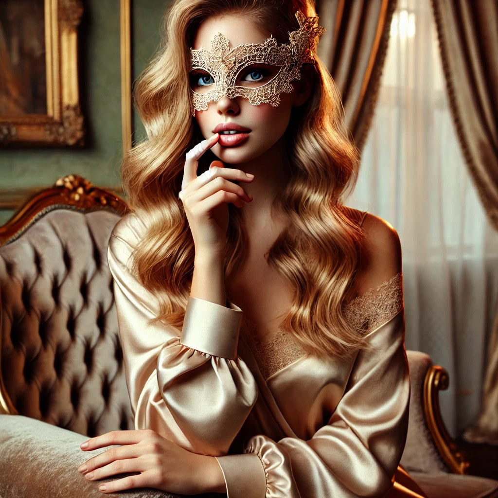 Mulher elegante de cabelos loiros ondulados, usando máscara veneziana dourada e robe de cetim champagne, sentada com charme em poltrona de veludo, com um dedo próximo aos lábios em gesto sutil de silêncio sedutor.