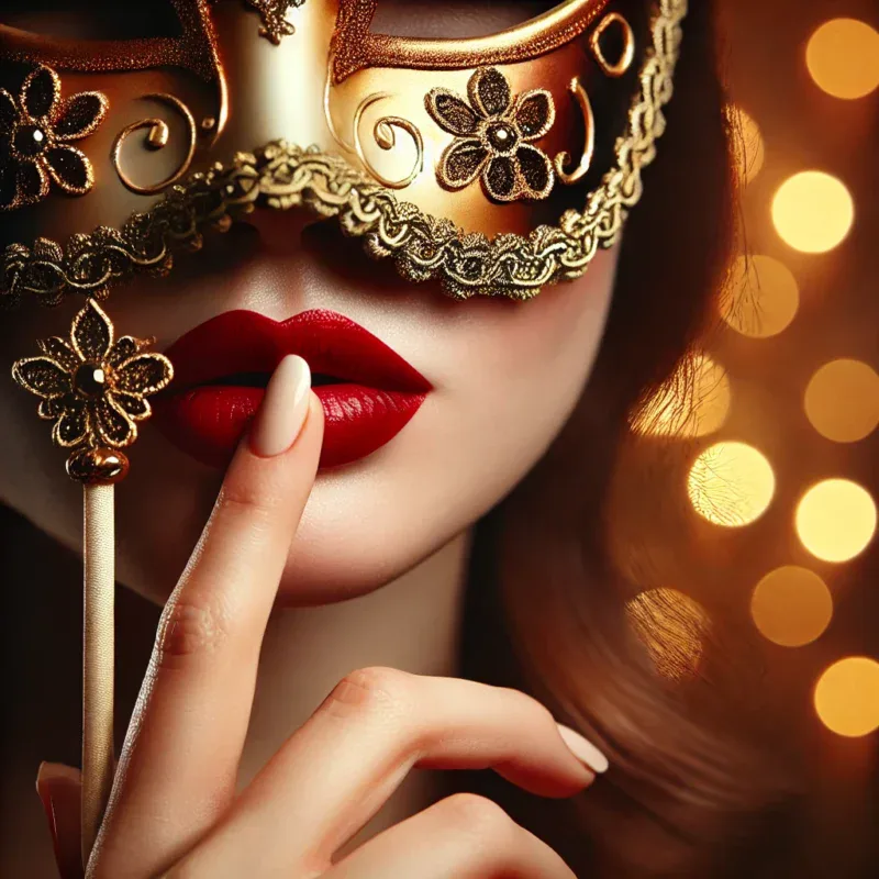 Como me tornei uma acompanhante de luxo – mulher misteriosa com máscara dourada e lábios vermelhos.