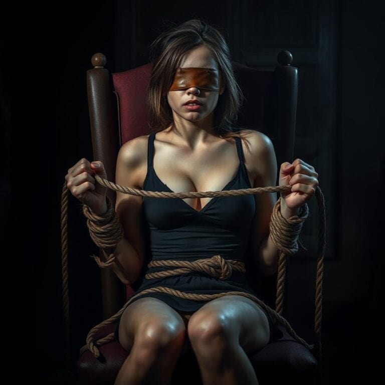 Mulher vendada com um sorriso provocante enquanto seu parceiro toca seu rosto, ilustrando um dos Jogos Eróticos Para Casais mais sensoriais.