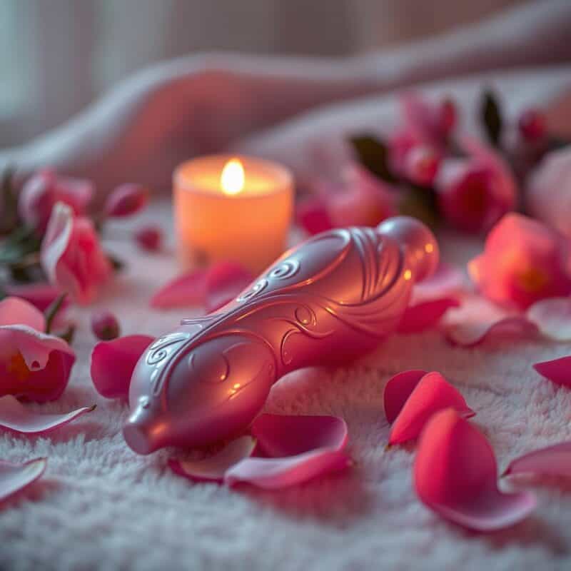 Vibrador elegante cercado por pétalas de rosa e uma vela acesa, representando o uso de acessórios eróticos para intensificar o prazer e explorar Fantasias Fetiches e BDSM com sensualidade.