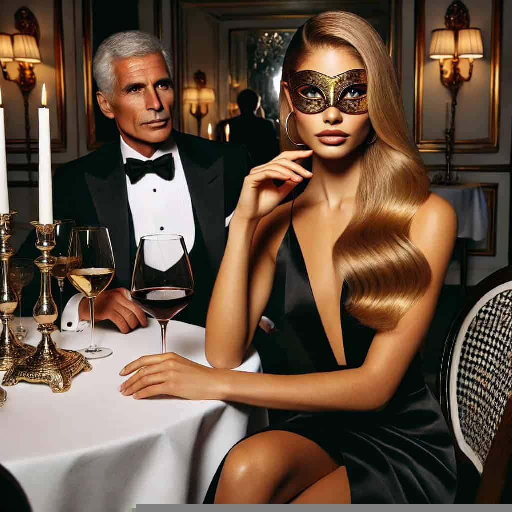 Acompanhante de luxo brasileira em Paris com vestido de cetim preto e máscara dourada, em jantar sofisticado com homem poderoso em clube privado na Champs-Élysées.