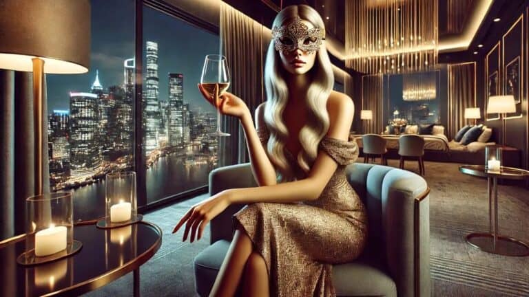 Mulher misteriosa olhando pela janela de um hotel de luxo na Europa.