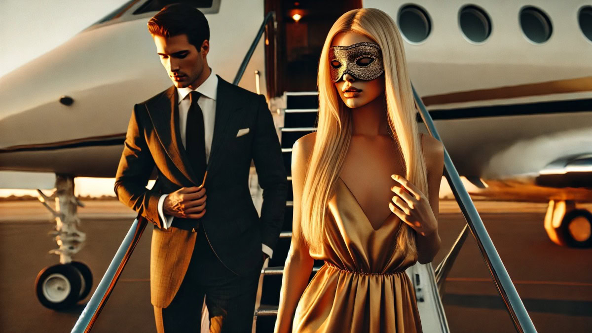 Casal elegante embarcando em jato particular ao pôr do sol, com acompanhante de luxo para viagem usando máscara dourada