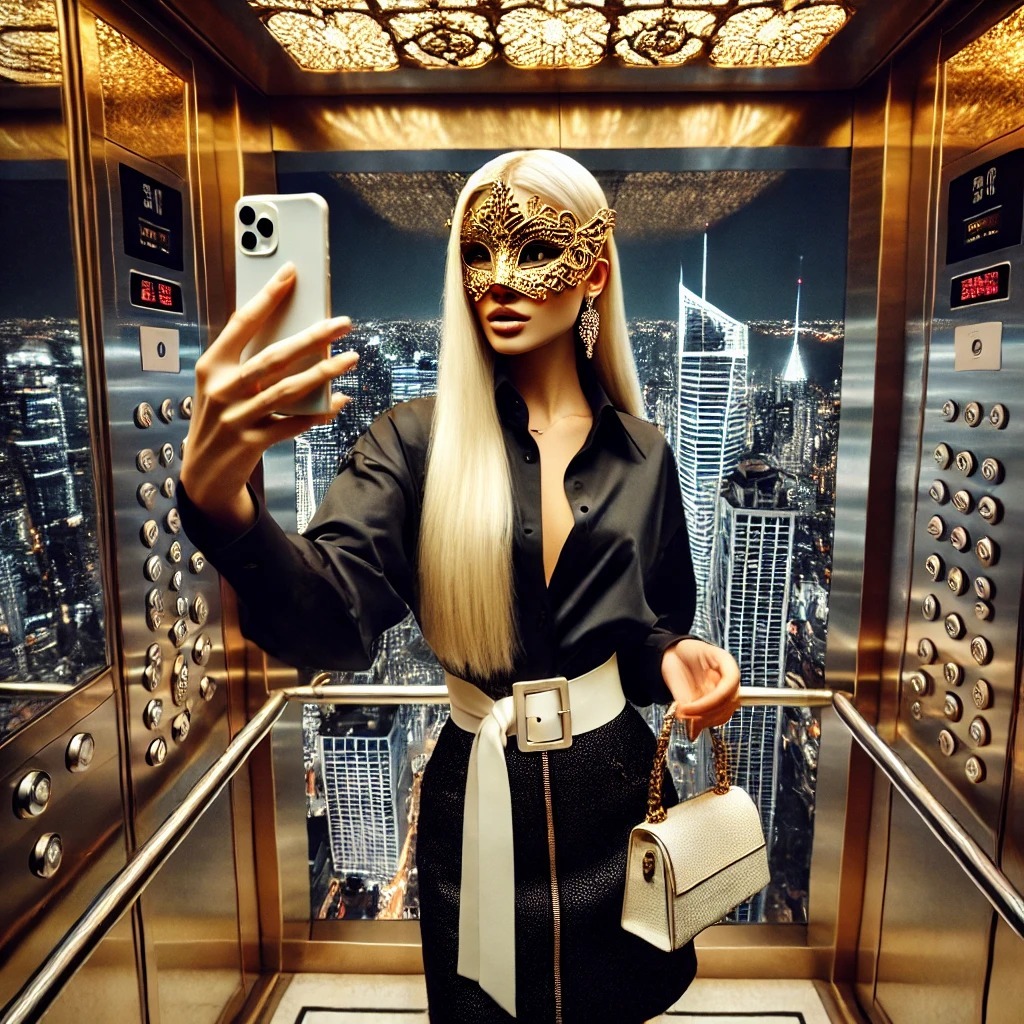 Acompanhante de luxo São Paulo tirando um selfie em um elevador luxuoso com vista para a cidade iluminada, refletindo exclusividade e mistério.