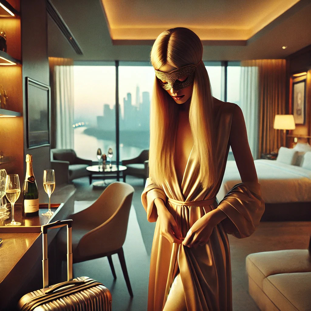 Acompanhante de luxo colocando vestido dourado em suíte com vista panorâmica antes da viagem