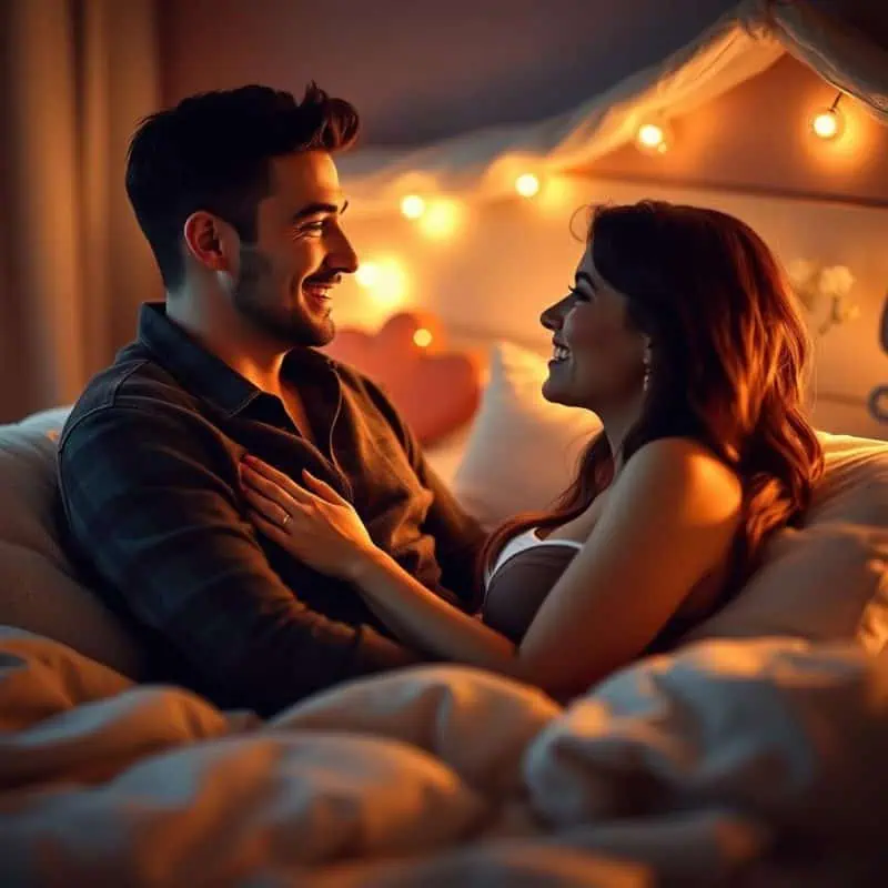 Casal conversando de forma íntima e carinhosa, destacando a importância da comunicação na vida sexual.
