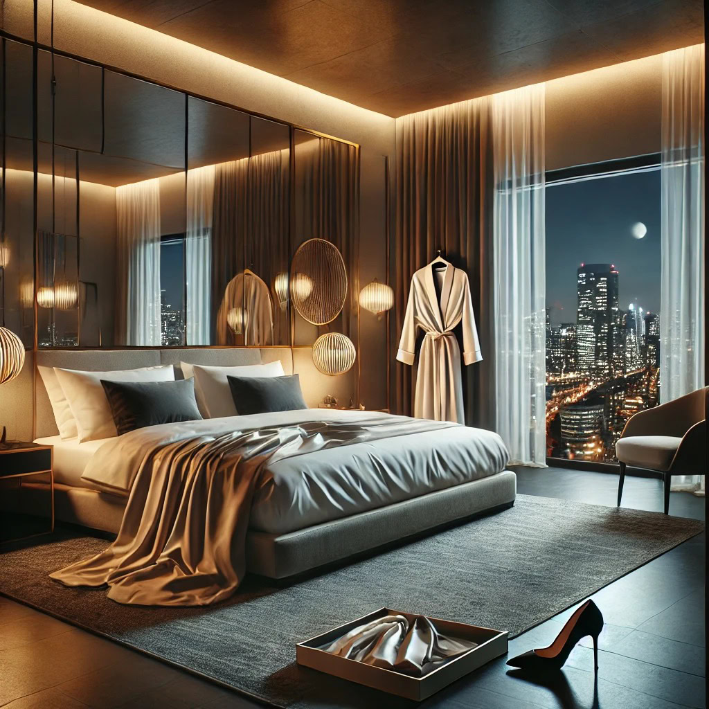 Quarto de hotel luxuoso à noite com vista urbana e atmosfera sensual – cenário perfeito para explorar coisas diferentes para fazer no sexo.