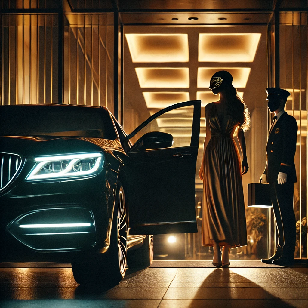 Acompanhante de luxo chegando de carro executivo à noite em hotel cinco estrelas com total descrição