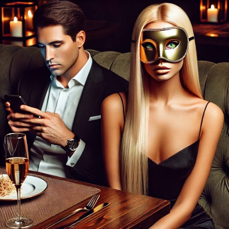 Homem distraído no celular durante um encontro com acompanhante de luxo mascarada, ilustrando a falta de presença emocional que compromete experiências sofisticadas.