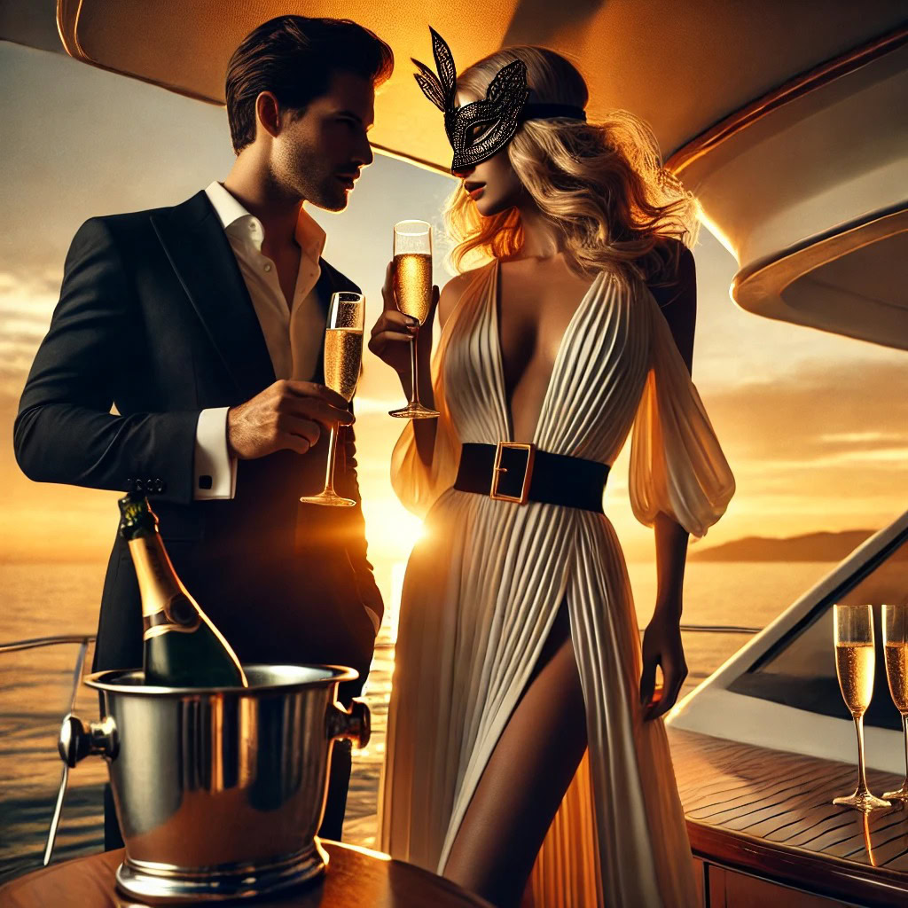 Casal brindando em iate de luxo ao pôr do sol com acompanhante mascarada em vestido elegante