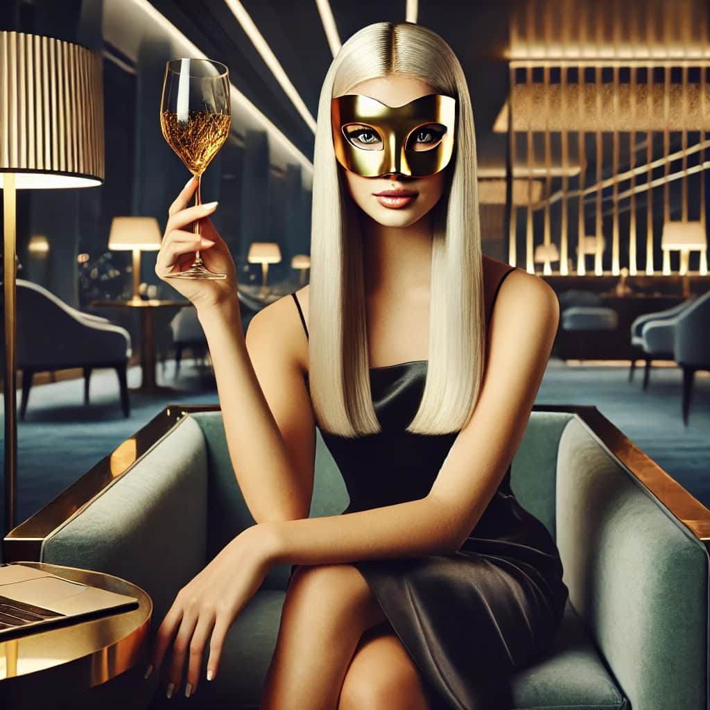 garota de programa de luxo em lounge elegante com acessório dourado