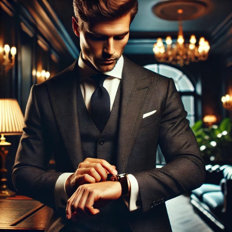 Homem elegante ajustando o relógio em ambiente luxuoso, representando um dos erros de clientes de acompanhantes de luxo mais comuns: a falta de pontualidade.