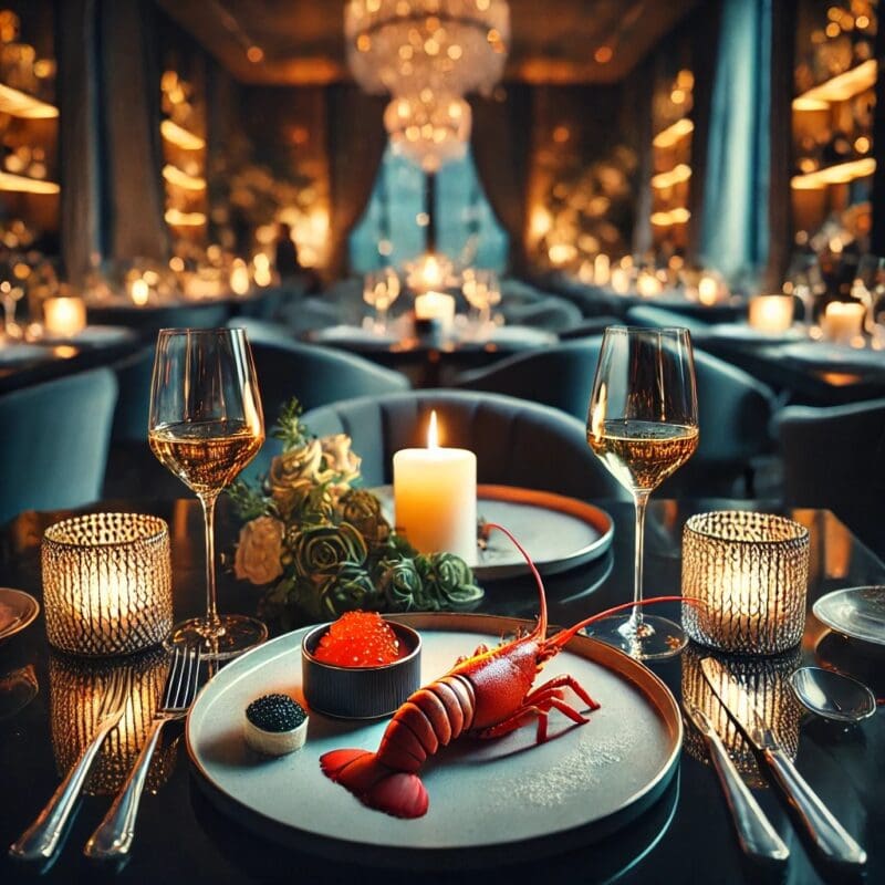 Mesa de jantar refinada em restaurante de luxo, com aragosta, caviar e vinho branco, simbolizando experiências exclusivas livres dos erros de clientes de acompanhantes de luxo.