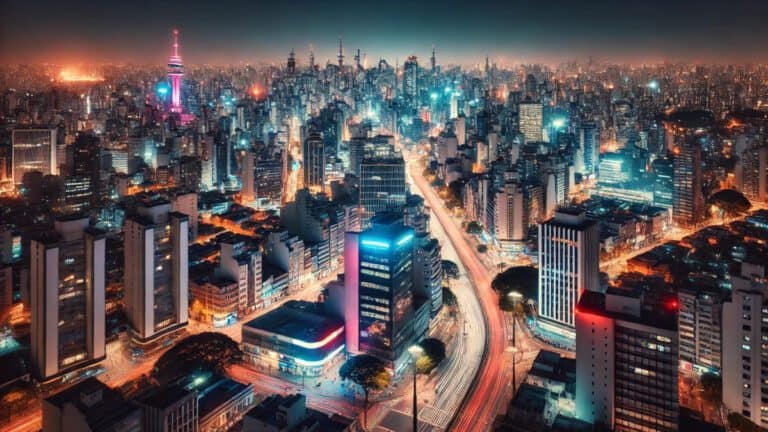 Vista noturna de São Paulo iluminada, refletindo a sofisticação, o luxo e o mistério da cidade que nunca dorme.