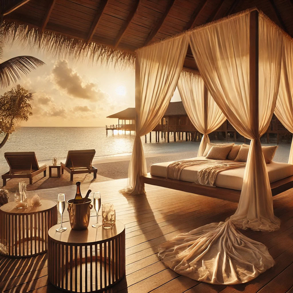 Praia privativa ao pôr do sol com cama de luxo e espumante, ideal para viagem com acompanhante de luxo