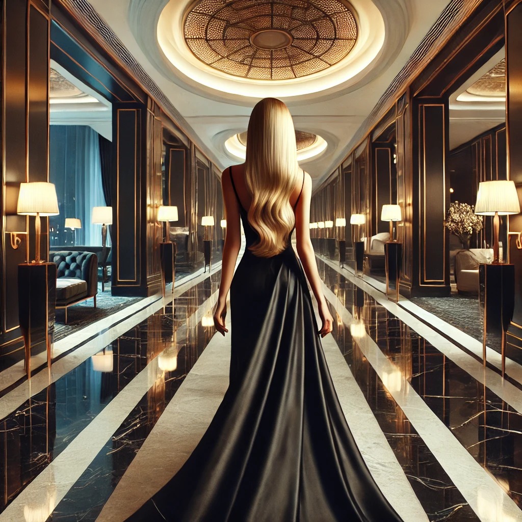 Acompanhante brasileira de luxo na Europa caminhando em um hotel cinco estrelas.