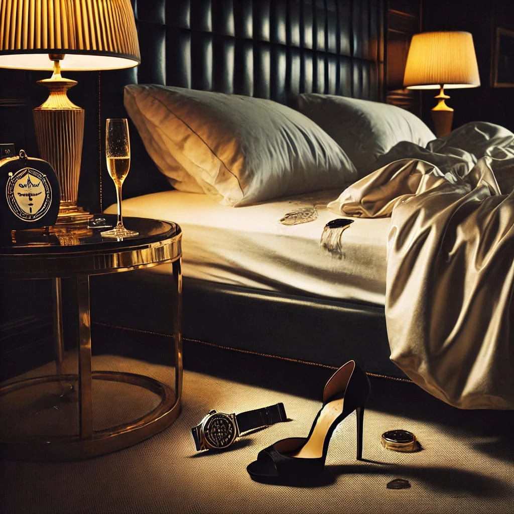 Suíte de hotel luxuosa em Paris com cama desfeita, salto alto feminino e relógio masculino após noite de sedução com acompanhante de luxo brasileira