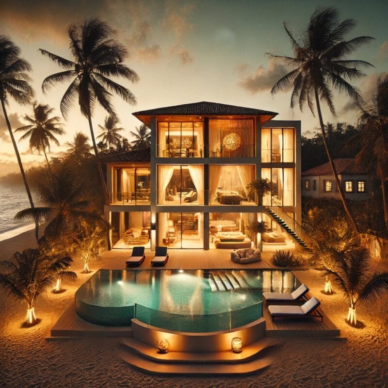 Mansão beira-mar iluminada ao pôr do sol em Trancoso, cenário ideal para encontros com acompanhantes exclusivas na Bahia.