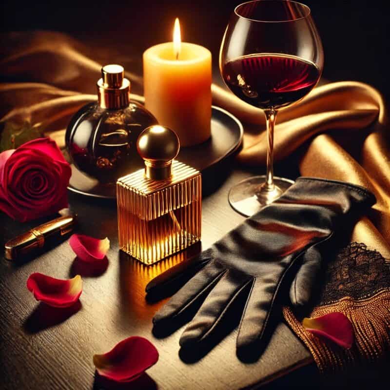 Detalhes sensoriais de um encontro de luxo: vela acesa, vinho tinto, pétalas de rosa e luva de cetim — um cenário preparado para a intimidade sofisticada.