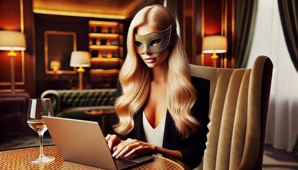 Mulher sensual escrevendo anúncio que converte para acompanhantes em notebook