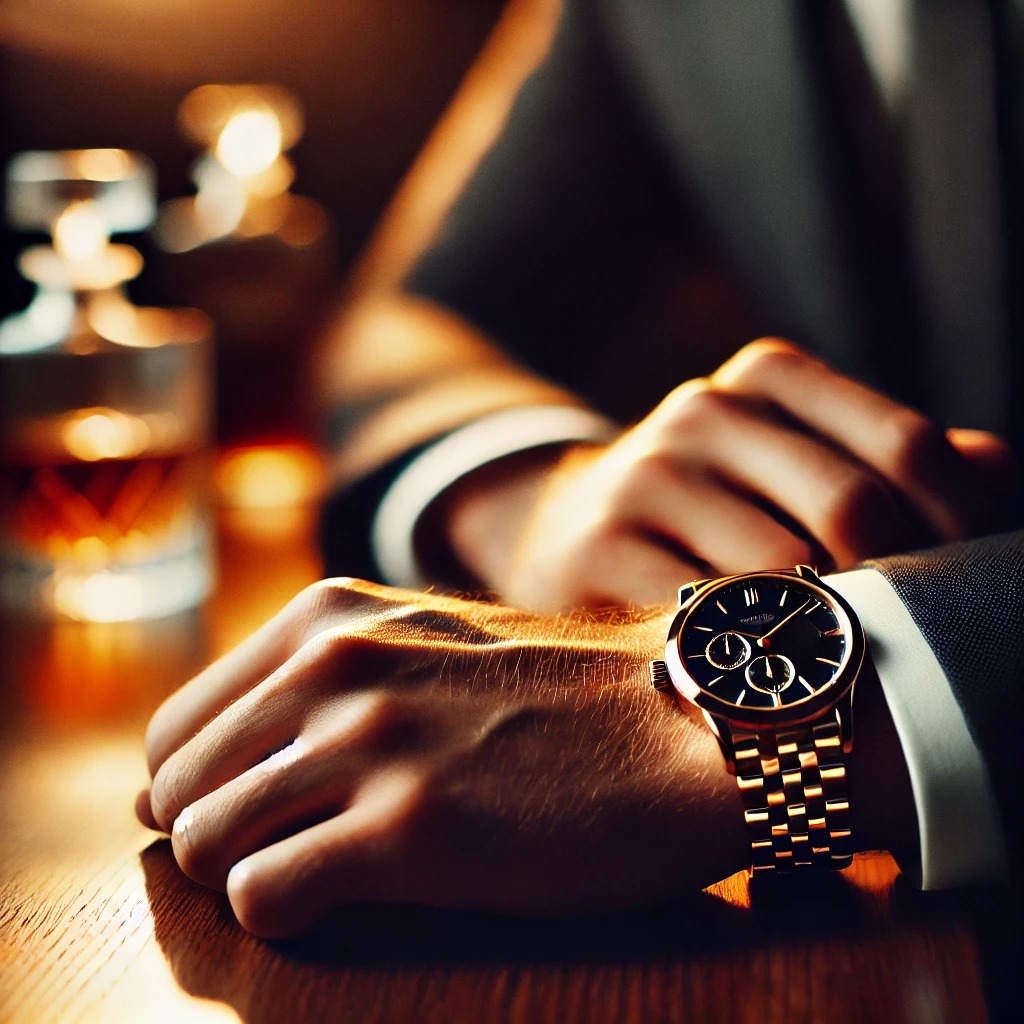 Close de um homem com relógio sofisticado, simbolizando preparo e etiqueta no universo do luxo.