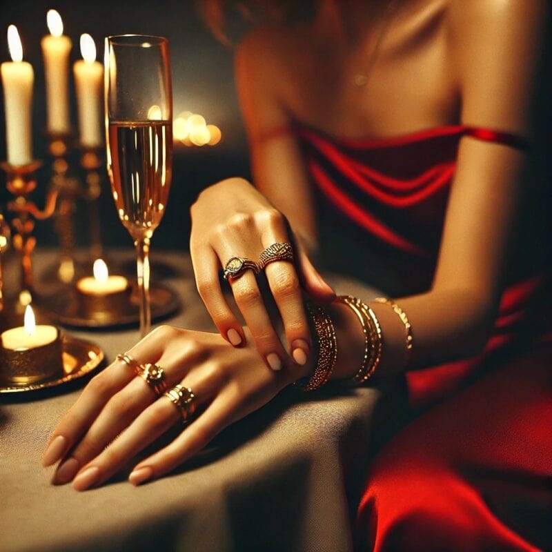 mãos femininas com joias douradas em jantar de luxo – perguntas para acompanhante de luxo