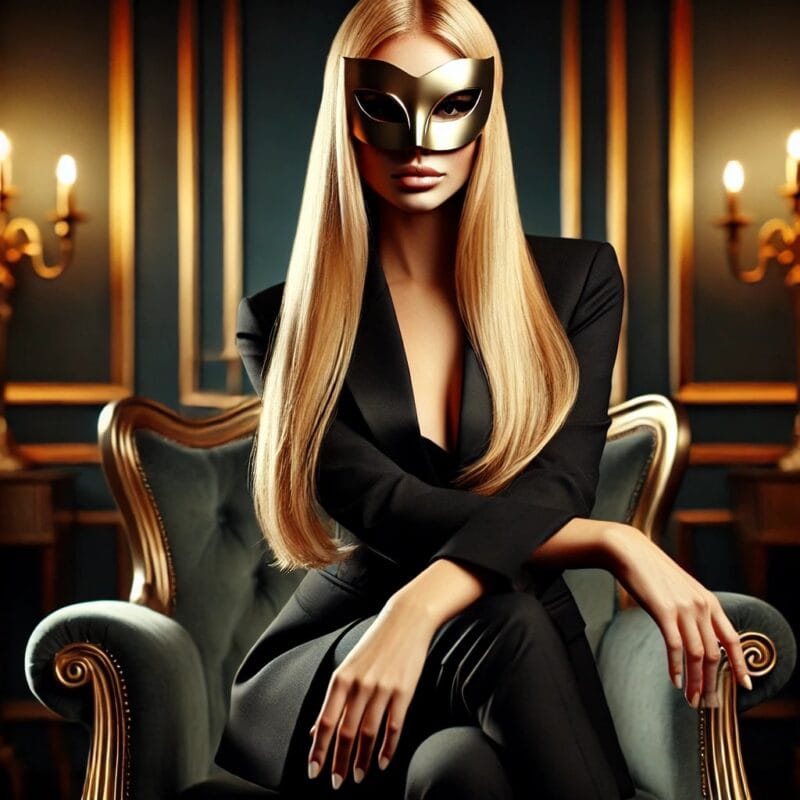 Representação visual da inversão de papéis: mulher loira poderosa com máscara dourada e blazer preto, simbolizando domínio feminino e erotismo psicológico no universo do luxo.