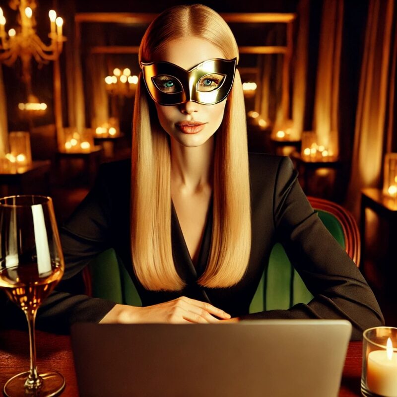 Cena de dominação digital: acompanhante de luxo mascarada conduz interação online com elegância e poder psicológico.