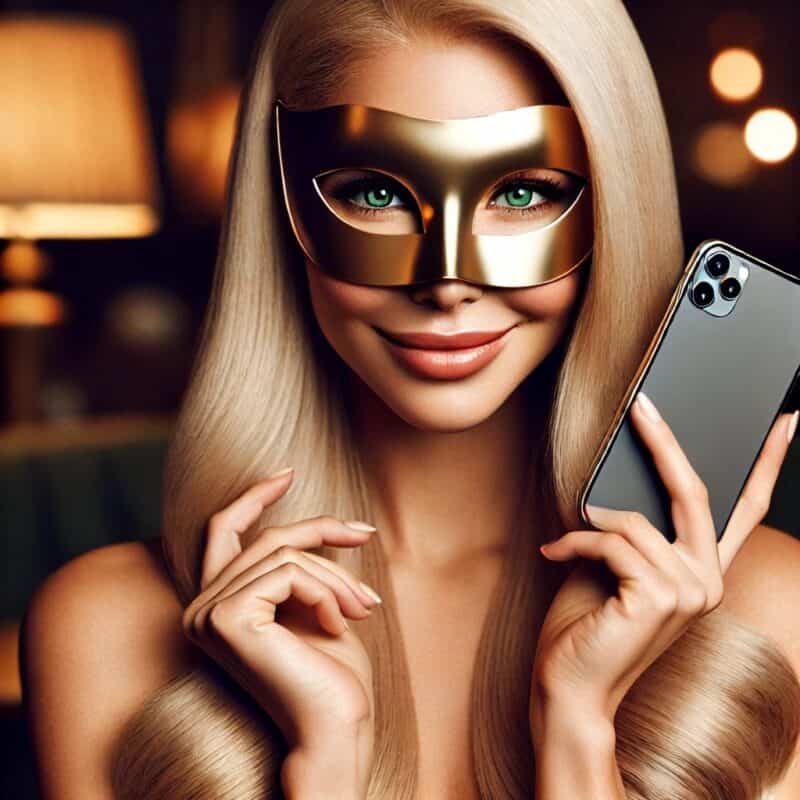 magem elegante de acompanhante sorrindo com celular na mão