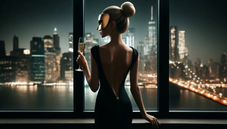 mulher elegante vista de costas em ambiente de luxo – perguntas para acompanhante de luxo
