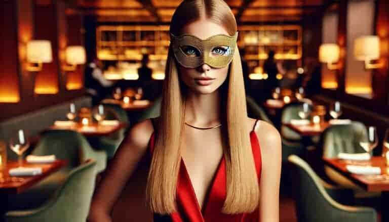 Inversão de Papéis em cena: musa loira de olhar penetrante, máscara dourada minimalista e vestido vermelho em ambiente de luxo — o domínio começa no mistério.
