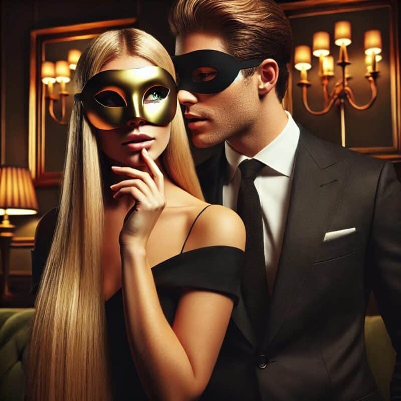 Inversão de Papéis em alta classe: acompanhante mascarada sussurra domínio e mistério no ouvido de um homem elegante, em cenário luxuoso.