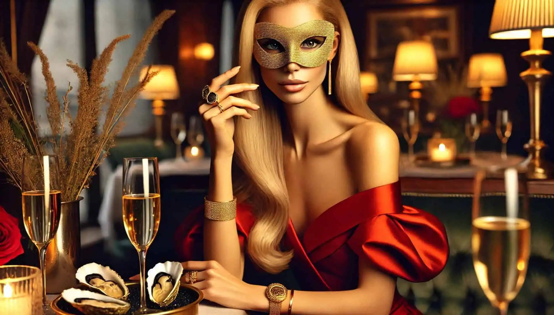 Isa, acompanhante de luxo no Brasil, em jantar elegante, usando máscara dourada minimalista e vestido vermelho de cetim.