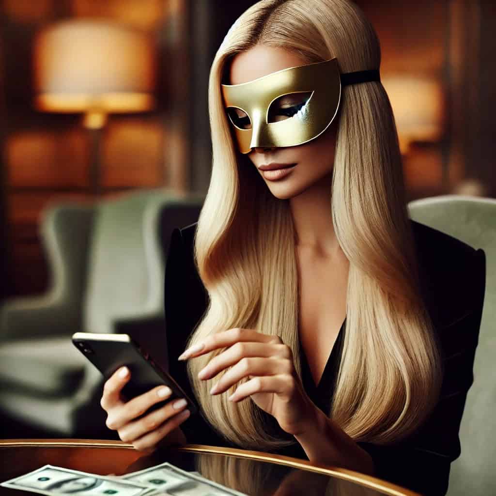 Mulher elegante controlando pagamento com discrição e sofisticação