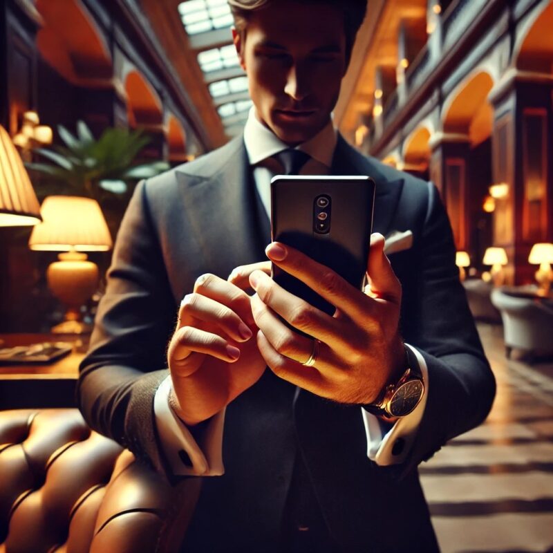 Homem usando celular em espaço de luxo com total discrição e postura segura.