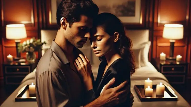 Casal abraçado com intimidade emocional, olhos fechados, representando a conexão profunda entre sexo e emoções.