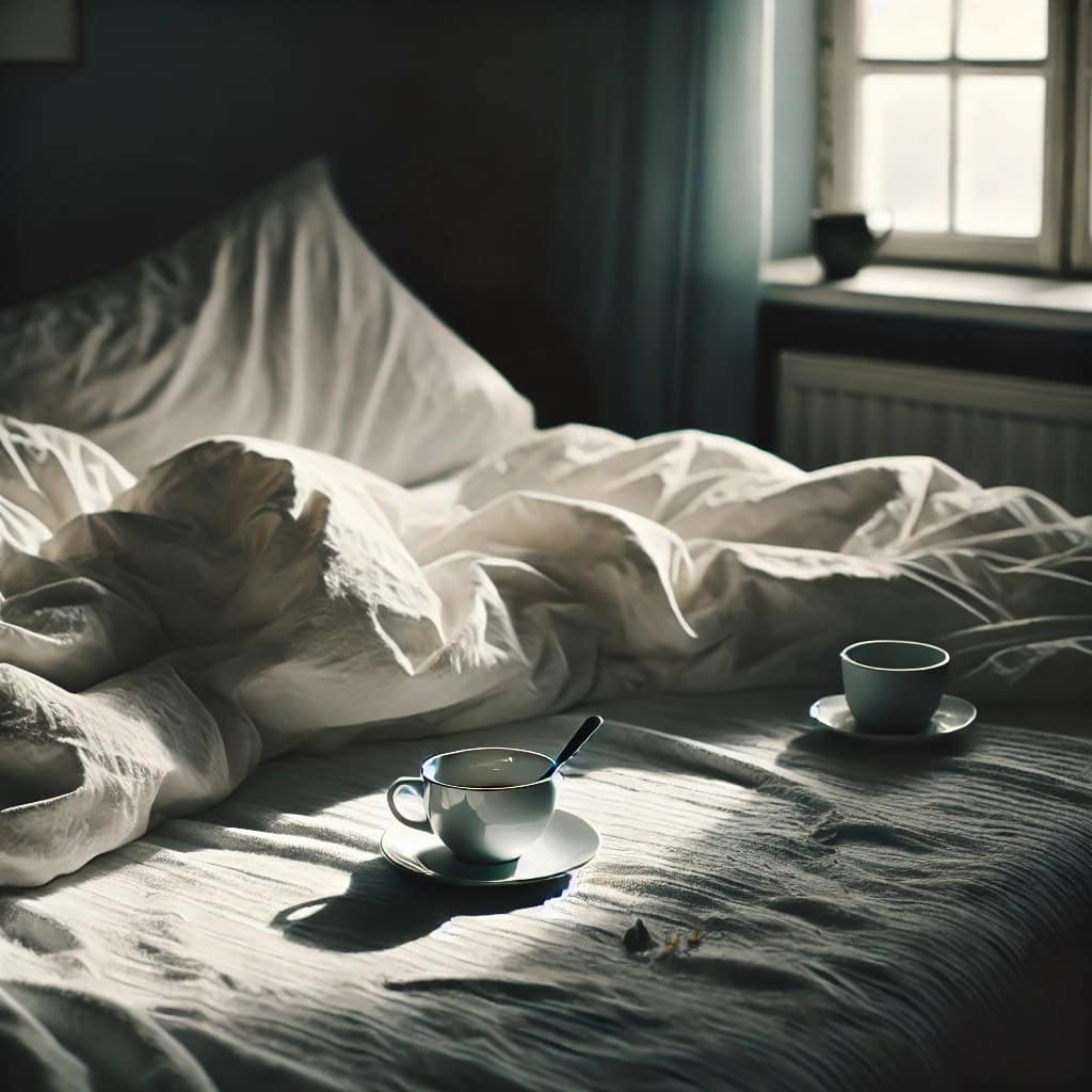 Cama bagunçada e xícara de café intocada ao lado, representando o vazio emocional após o sexo sem conexão.