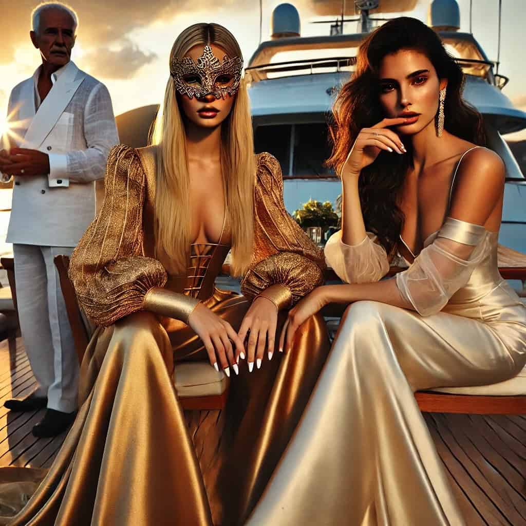 Jantar elegante com acompanhante em Florianópolis, influenciadora e empresário em iate ao pôr do sol