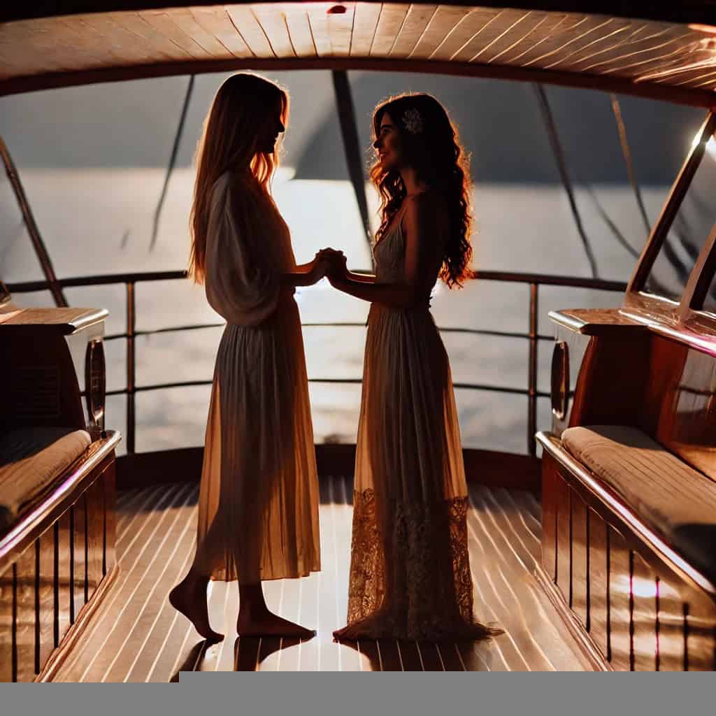 Silhuetas femininas em iate em Florianópolis ao entardecer, em clima reservado e elegante