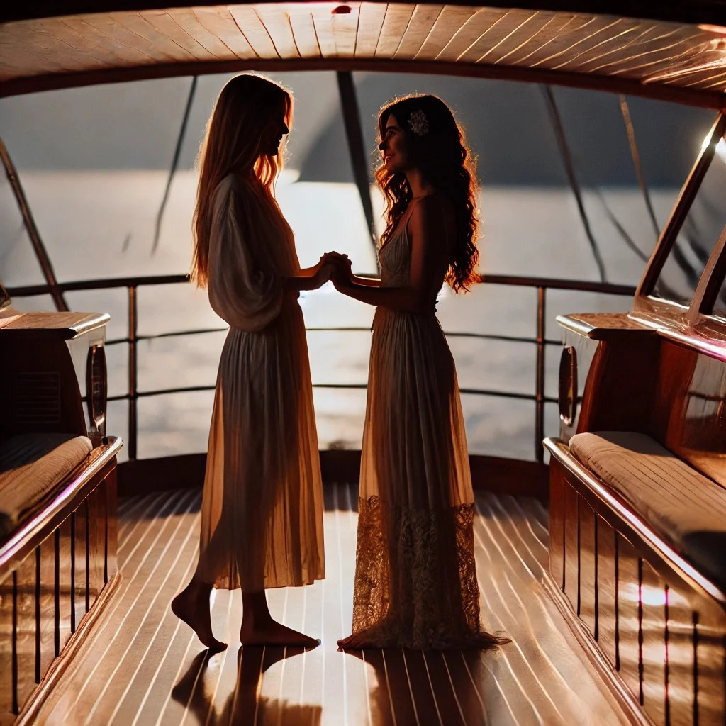Silhuetas femininas em iate em Florianópolis ao entardecer, em clima reservado e elegante