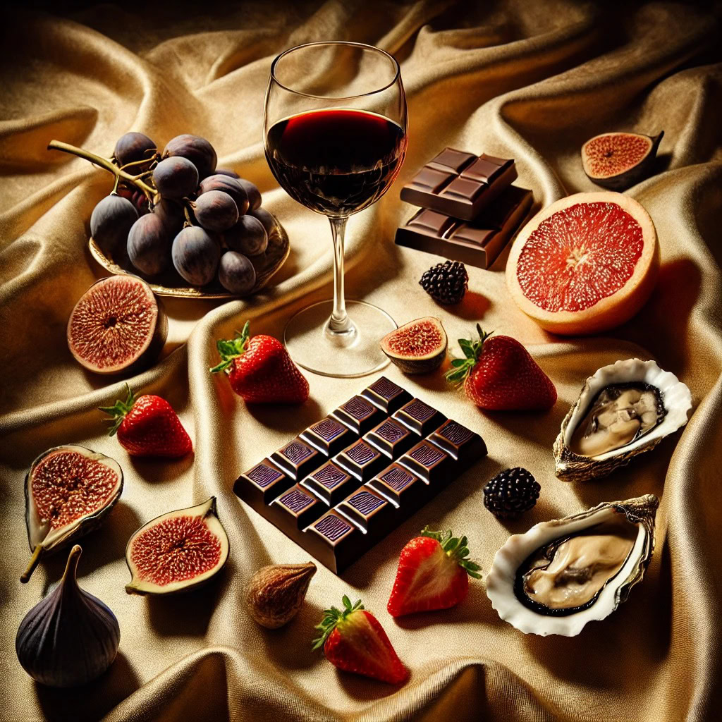 Composição luxuosa com alimentos afrodisíacos que ajudam a melhorar a vida sexual e aumentar o prazer