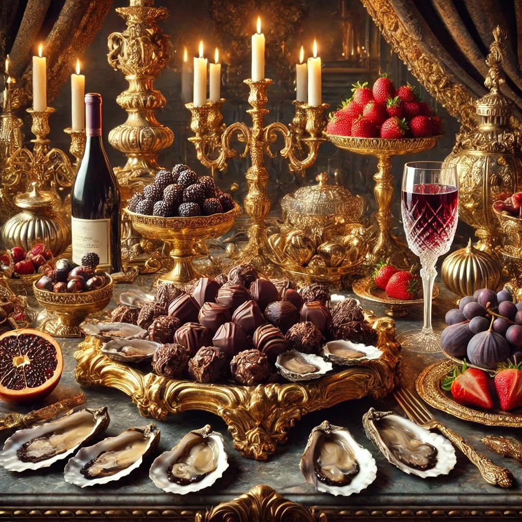 Mesa luxuosa com alimentos afrodisíacos como ostras, chocolate, vinho tinto e frutas, simbolizando os hormônios do prazer feminino e a conexão entre desejo, sabor e sensualidade.