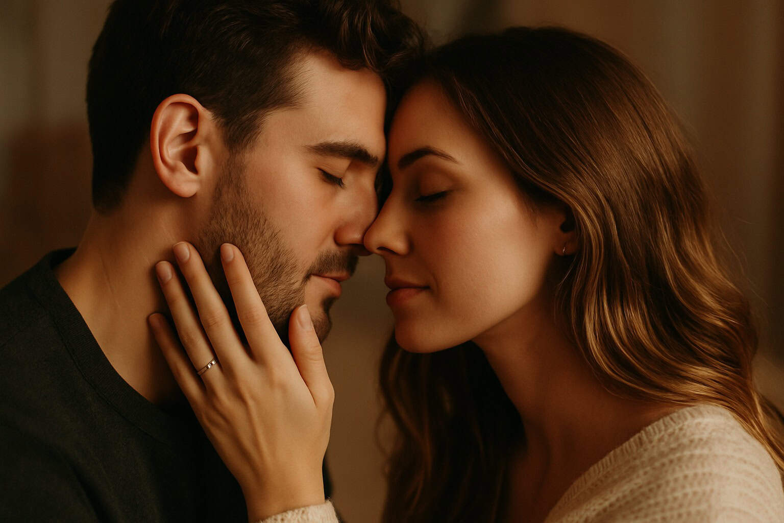Casal praticando técnicas de estimulação com toque consciente e conexão emocional