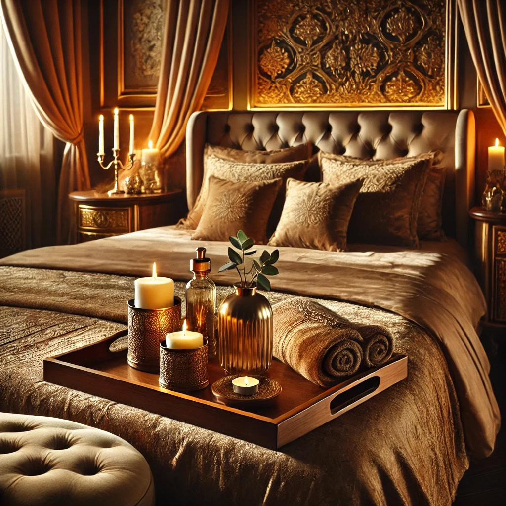 Quarto com iluminação suave, cama de tecido aveludado e objetos preparados para uma massagem íntima