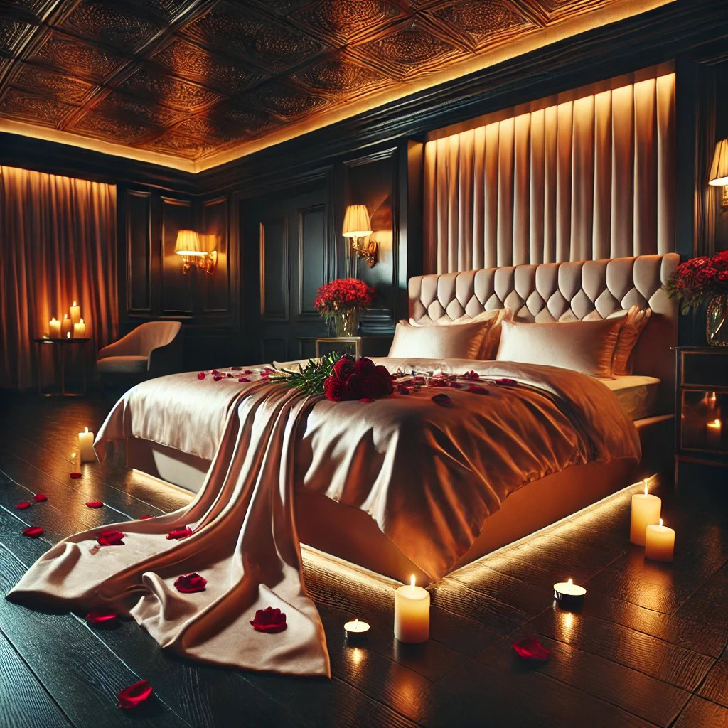 Quarto sensual com velas, iluminação quente e clima perfeito para enlouquecer um homem na cama
