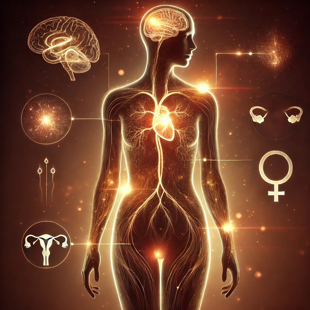 Ilustração artística mostrando como melhorar a vida sexual e aumentar o prazer ao entender a conexão entre corpo, mente e hormônios