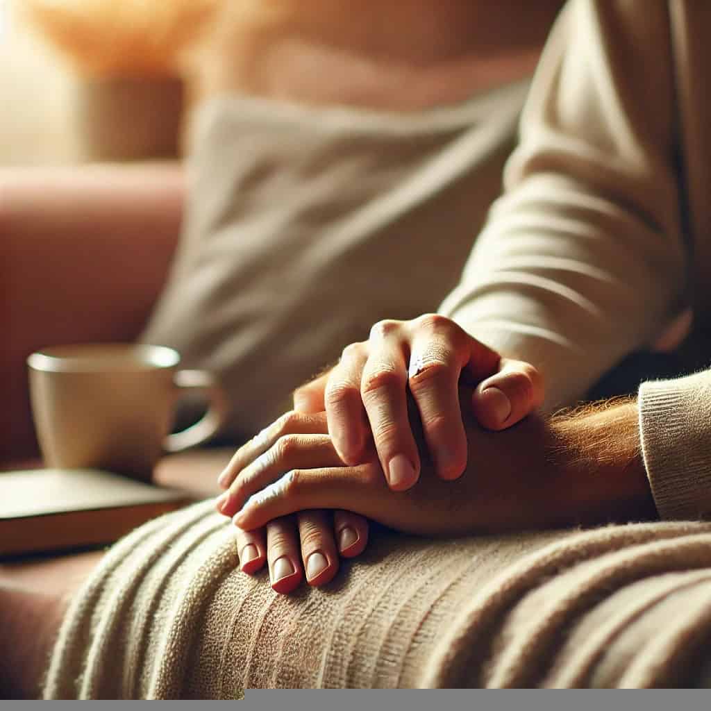 Close-up de mãos entrelaçadas, simbolizando conexão emocional e intimidade no relacionamento do casal