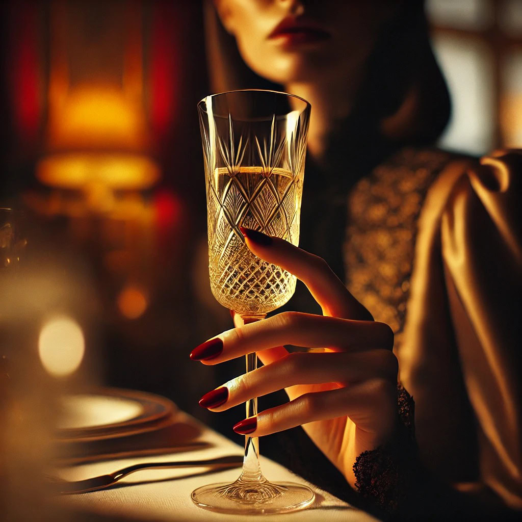 Mão feminina com esmalte vermelho segurando taça de cristal em um jantar luxuoso — um instante da rotina de uma acompanhante de luxo.